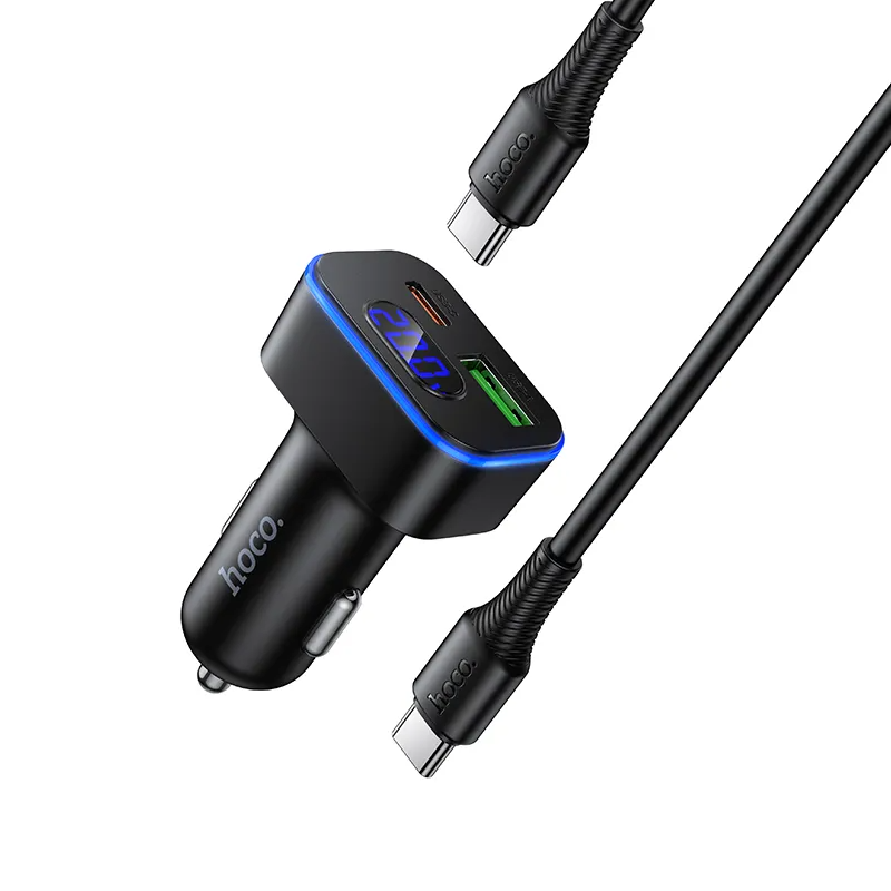 Biloplader med USB-C kabel HOCO Z63B Display, 48W, 3A, 1 x USB-A - 1 x USB-C, Sort