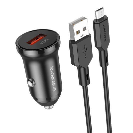 Biloplader med microUSB-kabel Borofone BZ18, 18W, 3A, 1 x USB-A, Sort