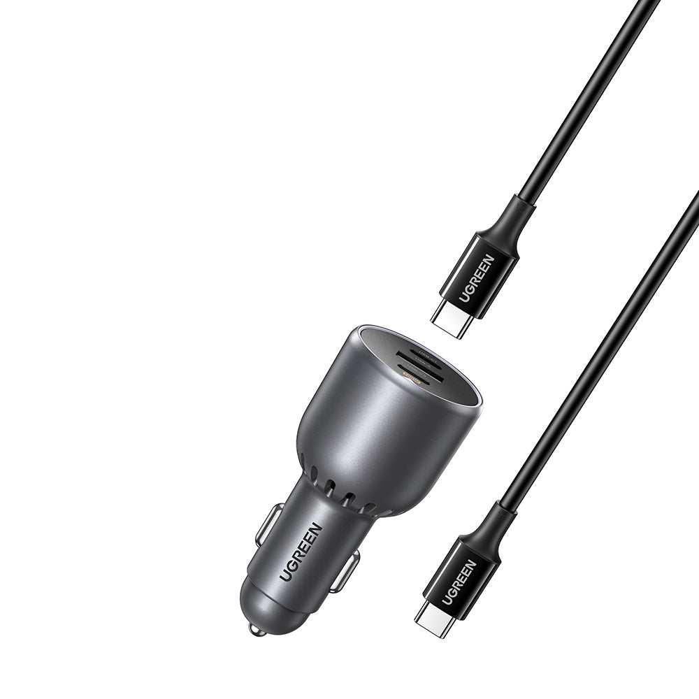 Biloplader med USB-C kabel UGREEN EC705, 130W, 5A, 1 x USB-A - 2 x USB-C, Grå