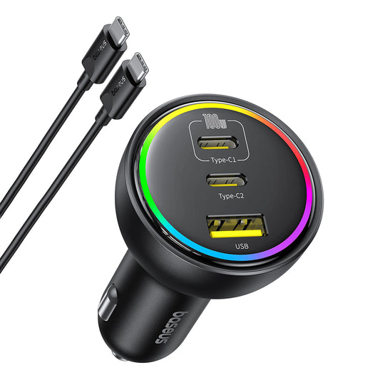 Biloplader med USB-C kabel fra Baseus, 152.5W, 5A, 1 x USB-A - 2 x USB-C, Sort C00036101111-00