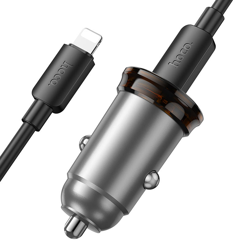 Biloplader med Lightning-kabel HOCO NZ16B, 45W, 3A, 2 x USB-C, Grå