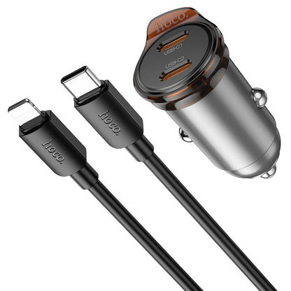 Biloplader med Lightning-kabel HOCO NZ16B, 45W, 3A, 2 x USB-C, Grå