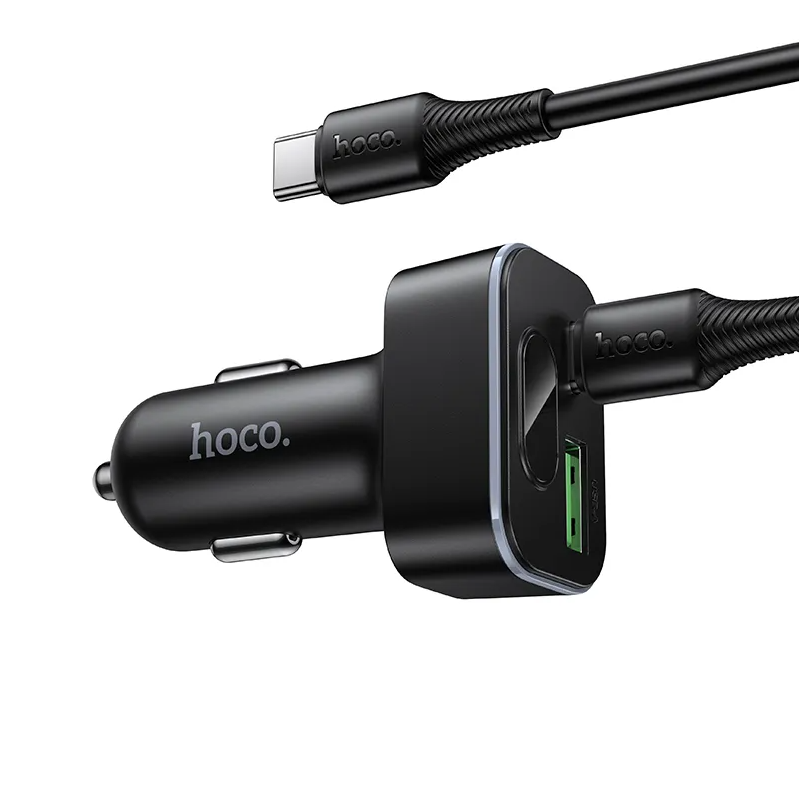 Biloplader med USB-C kabel HOCO Z63B Display, 48W, 3A, 1 x USB-A - 1 x USB-C, Sort