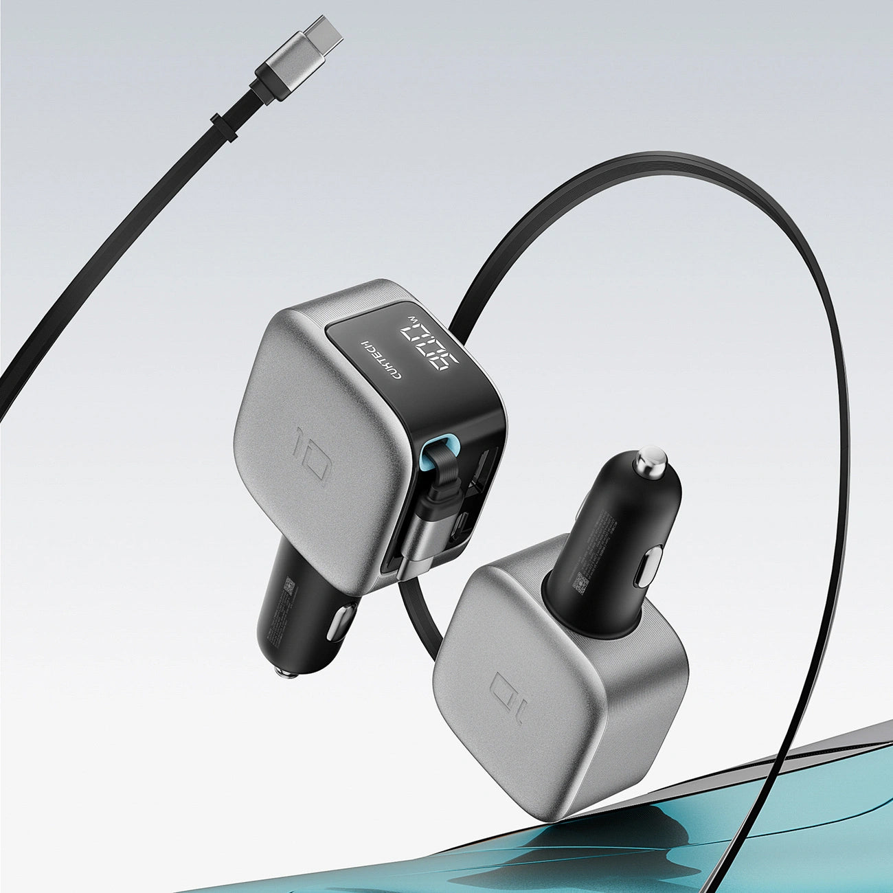Biloplader med USB-C-kabel Cuktech CC903P Display, 100W, 5A, 1 x USB-A - 1 x USB-C, Grå