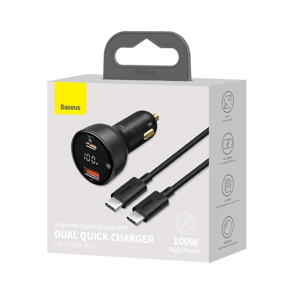Biloplader med USB-C kabel Baseus Superme, 100W, 5A, 1 x USB-A - 1 x USB-C, Sort TZCCZX-01