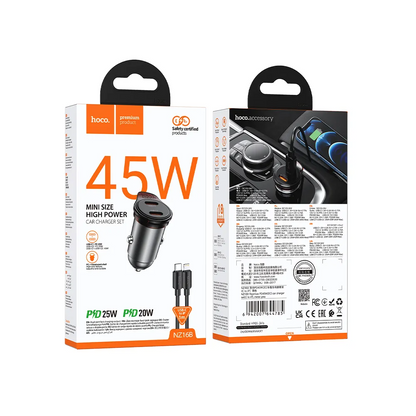 Biloplader med Lightning-kabel HOCO NZ16B, 45W, 3A, 2 x USB-C, Grå