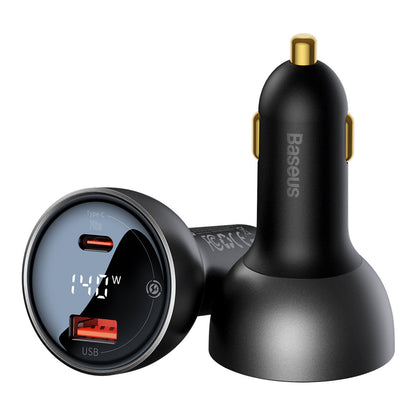 Biloplader med USB-C kabel fra Baseus, 140W, 5A, 1 x USB-A - 1 x USB-C, Sort CGZX070001