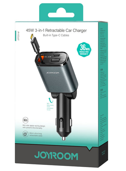 Biloplader med USB-C kabel Joyroom JR-CCL07, 30W, 3A, 1 x USB-A - 1 x USB-C, Grå
