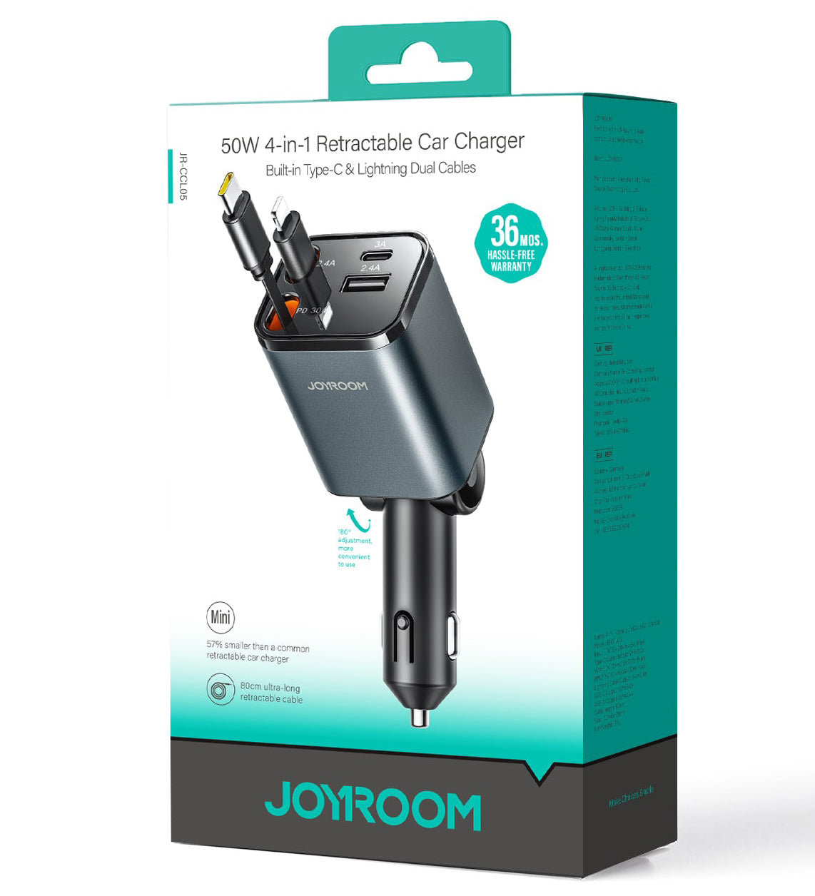 Biloplader med USB-C / Lightning-kabel Joyroom JR-CCL05, 30W, 3A, 1 x USB-A - 1 x USB-C, Grå