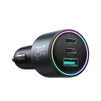 Biloplader med USB-C kabel Joyroom JR-CCN07, 145W, 5A, 1 x USB-A - 2 x USB-C, Grå
