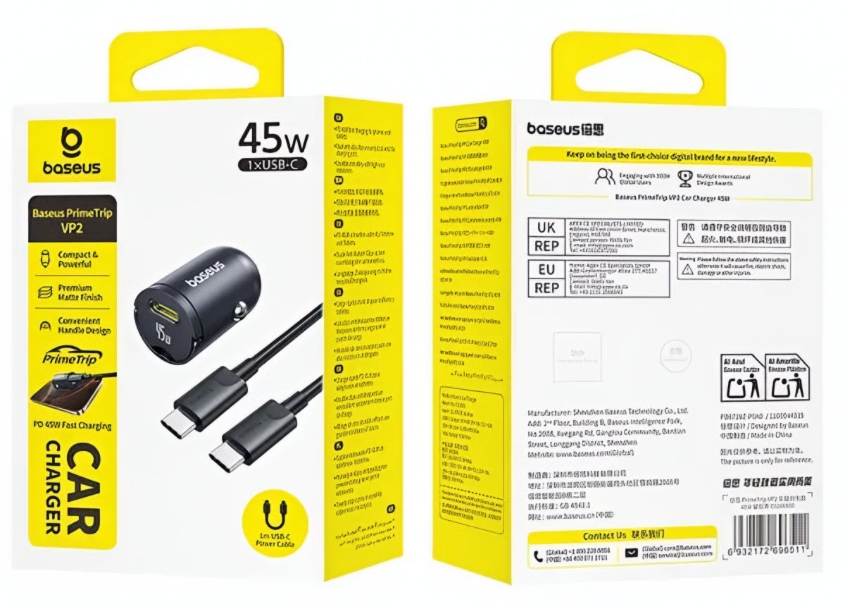 Biloplader med USB-C kabel Baseus PrimeTrip VP2, 45W, 3A, 1 x USB-C, Sort C0206800
