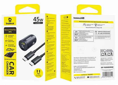 Biloplader med USB-C kabel Baseus PrimeTrip VP2, 45W, 3A, 1 x USB-C, Sort C0206800