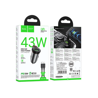 Biloplader med Lightning-kabel HOCO NZ16A, 43W, 3A, 1 x USB-A - 1 x USB-C, Grå