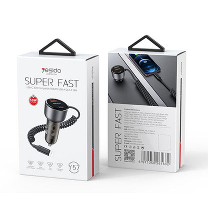 Biloplader med Lightning-kabel Yesido Y57, 50W, 3A, 1 x USB-A - 1 x USB-C, Sort