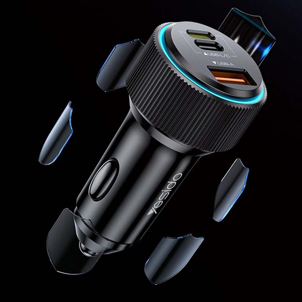 Biloplader med Lightning-kabel Yesido Y60, 38W, 3A, 1 x USB-A - 2 x USB-C, Sort