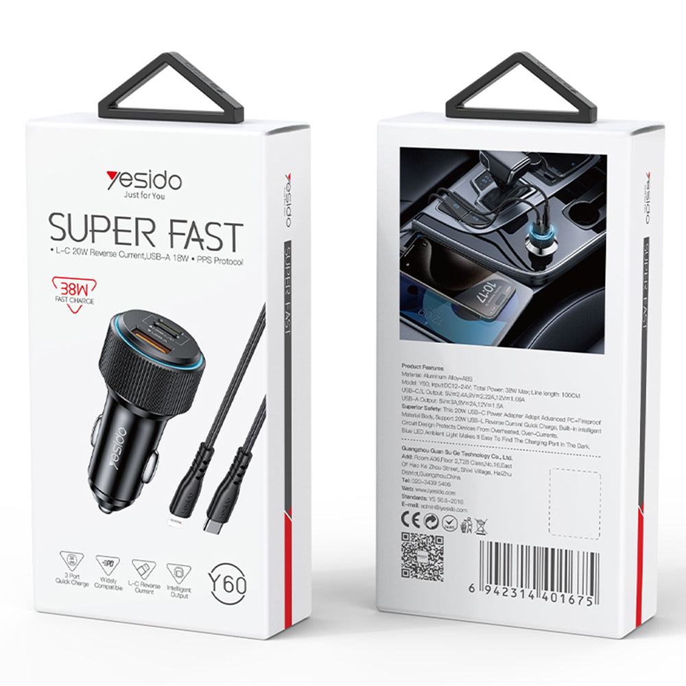 Biloplader med Lightning-kabel Yesido Y60, 38W, 3A, 1 x USB-A - 2 x USB-C, Sort