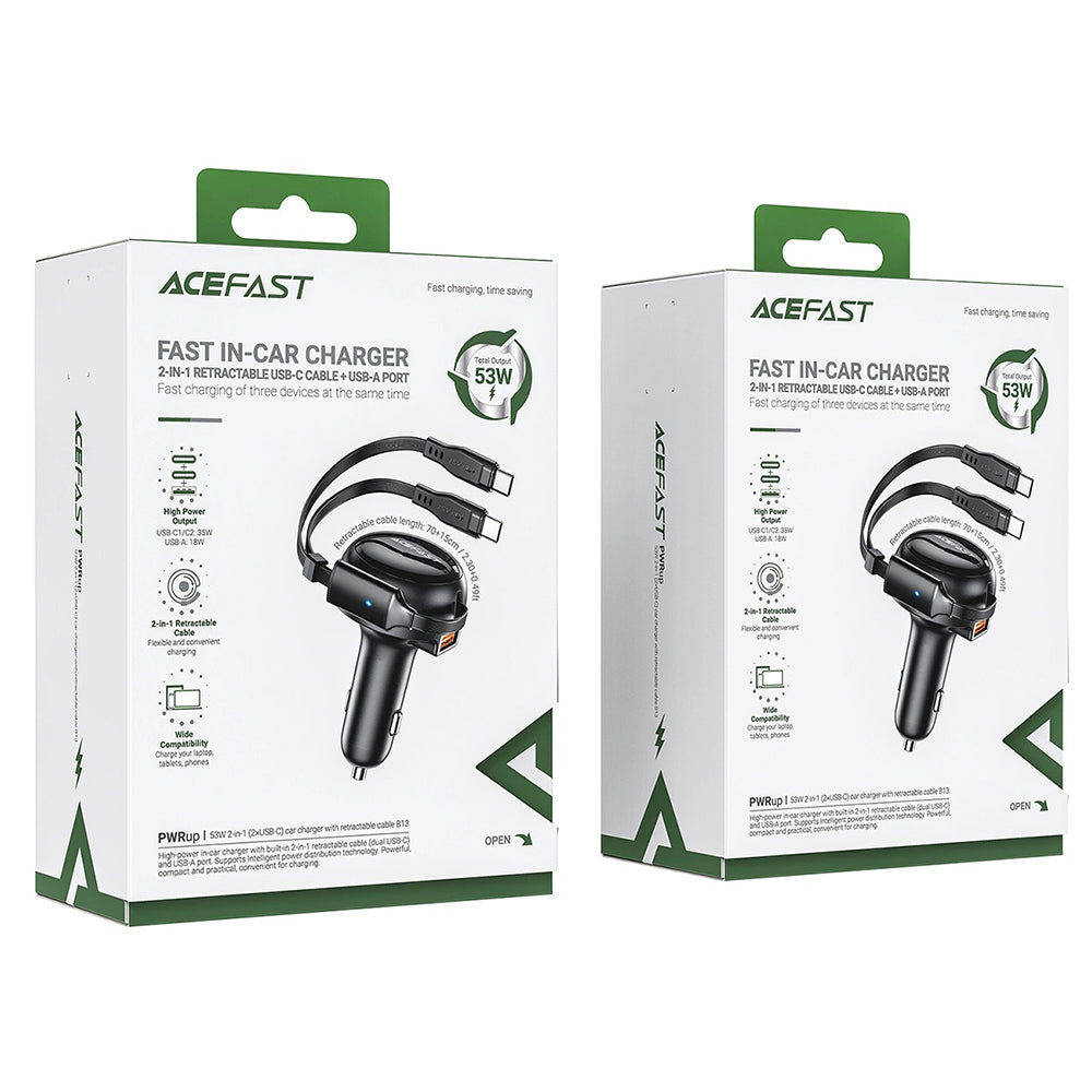 Biloplader med USB-C kabel Acefast B13, 53W, 3A, 1 x USB-A, Sort