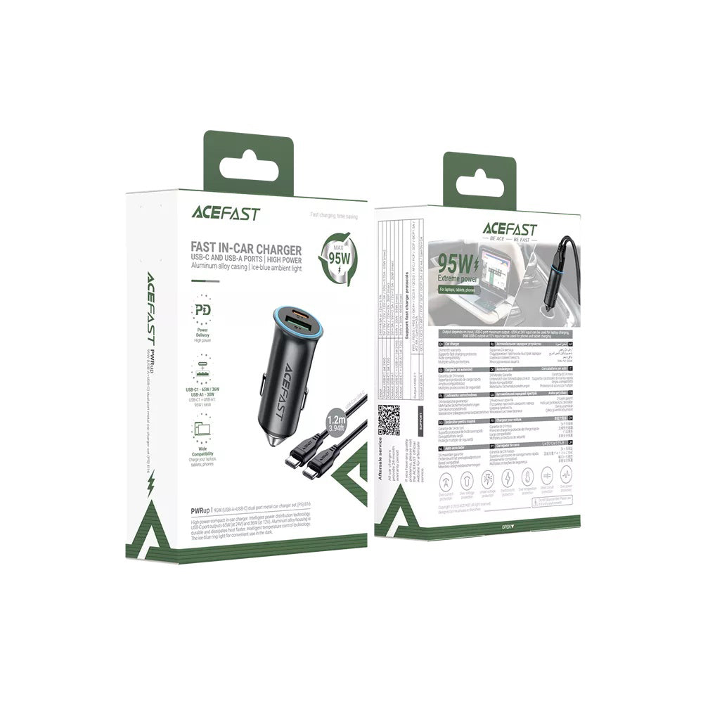 Acefast B16 Car Charger with USB-C Cable, 95W, 3.25A, 1 x USB-A - 1 x USB-C, Gray