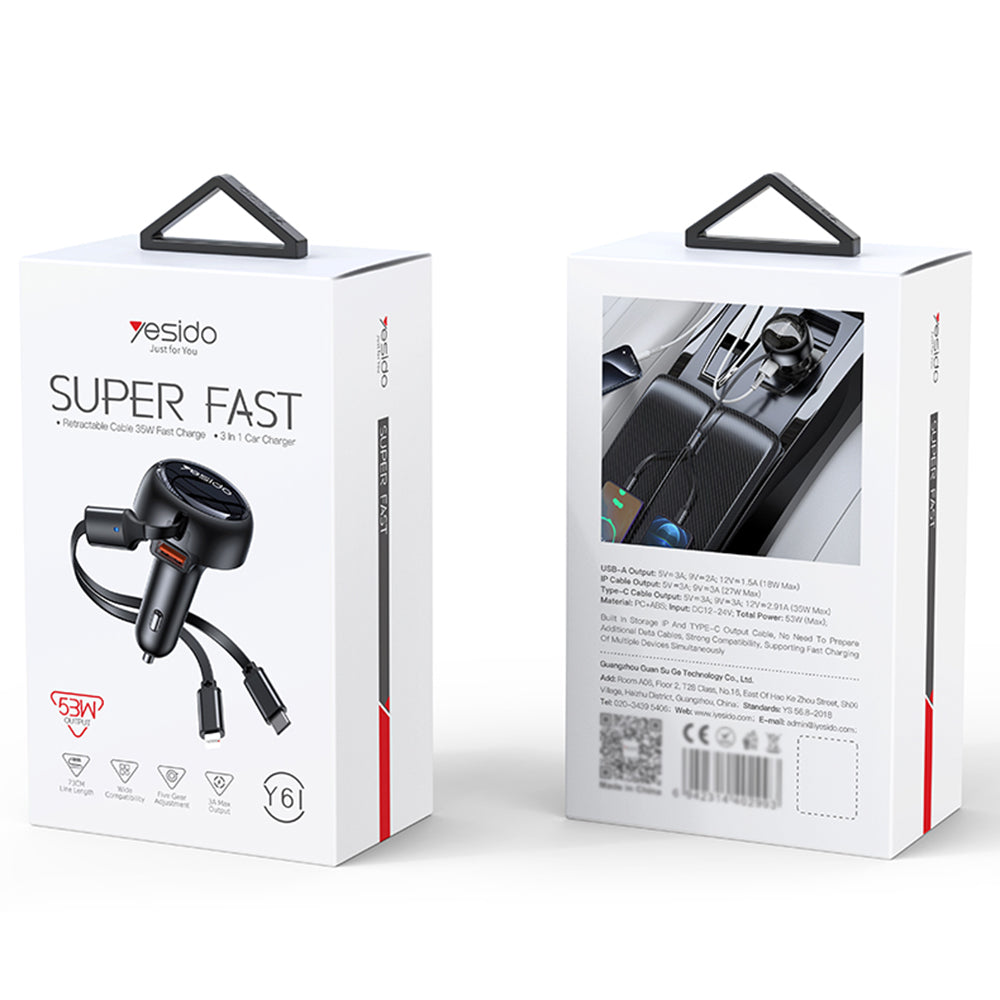 Biloplader med USB-C / Lightning-kabel Yesido Y61, 53W, 3A, 1 x USB-A, Sort