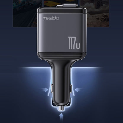 Biloplader med USB-C / Lightning-kabel Yesido Y63 Display, 117W, 3A, 1 x USB-A - 1 x USB-C, Grå