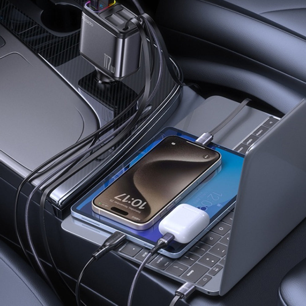 Biloplader med USB-C / Lightning-kabel Yesido Y63 Display, 117W, 3A, 1 x USB-A - 1 x USB-C, Grå