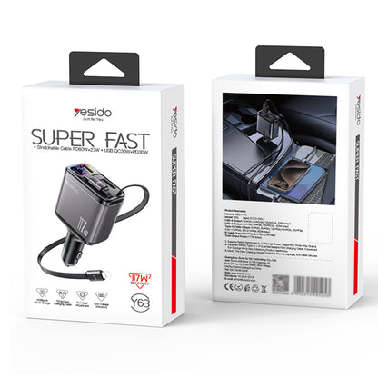 Biloplader med USB-C / Lightning-kabel Yesido Y63 Display, 117W, 3A, 1 x USB-A - 1 x USB-C, Grå