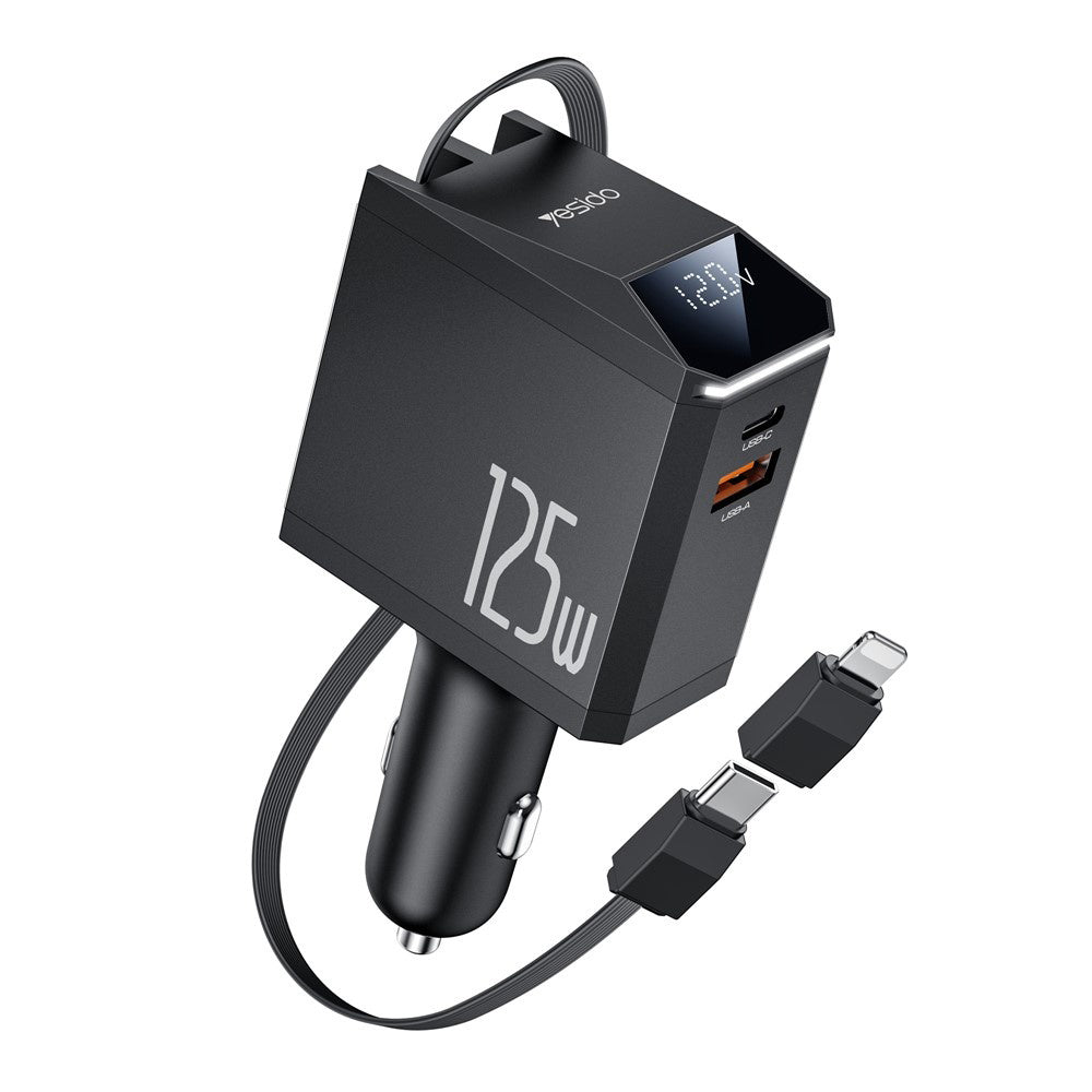 Biloplader med USB-C / Lightning-kabel Yesido Y71 Display, 125W, 3A, 1 x USB-A - 1 x USB-C, Sort