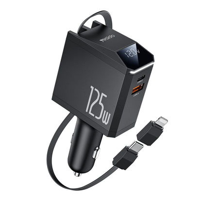 Biloplader med USB-C / Lightning-kabel Yesido Y71 Display, 125W, 3A, 1 x USB-A - 1 x USB-C, Sort