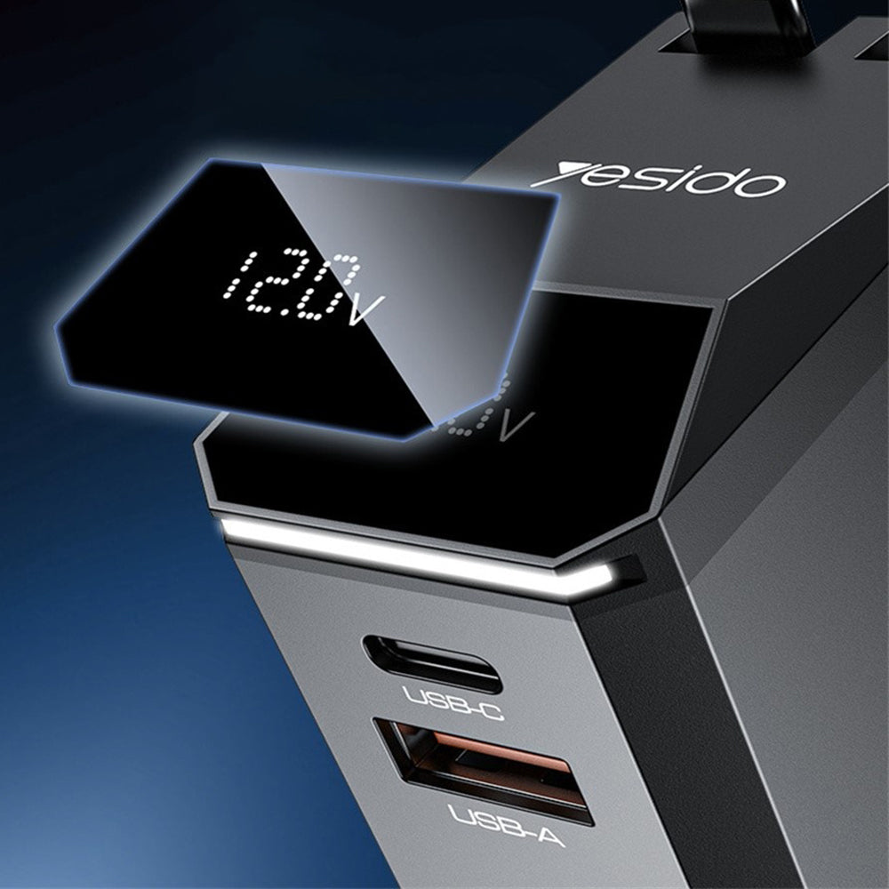 Biloplader med USB-C / Lightning-kabel Yesido Y71 Display, 125W, 3A, 1 x USB-A - 1 x USB-C, Sort