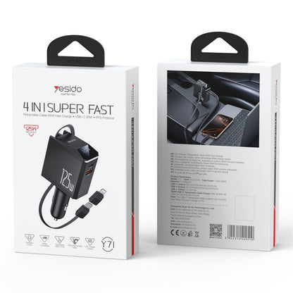 Biloplader med USB-C / Lightning-kabel Yesido Y71 Display, 125W, 3A, 1 x USB-A - 1 x USB-C, Sort