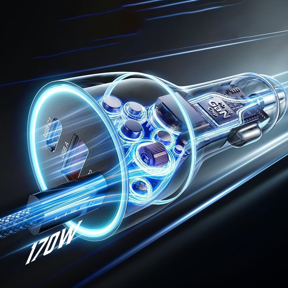 Biloplader med USB-C kabel Lisen, 170W, 5A, 1 x USB-A - 2 x USB-C, Sort YL0225060006