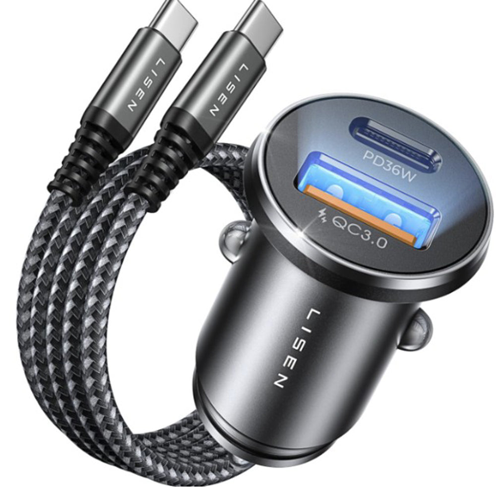 Biloplader med USB-C kabel Lisen, 51W, 3A, 1 x USB-A - 1 x USB-C, Marineblå Sort YL0223080047