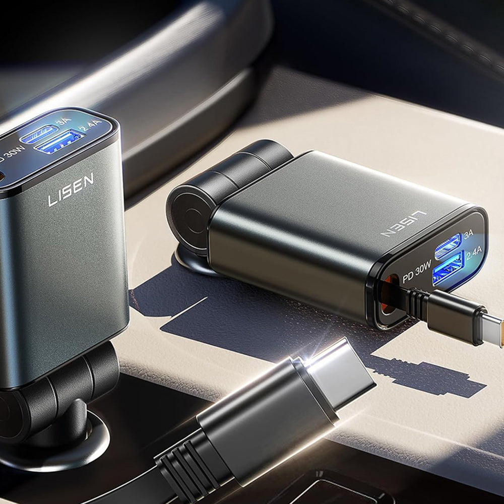 Lisen USB-C Car Charger with Cable, 57W, 3A, 1 x USB-A - 1 x USB-C, Black YL0325010016