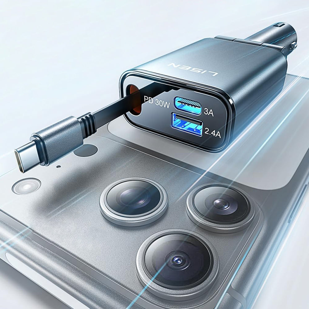 Lisen USB-C Car Charger with Cable, 57W, 3A, 1 x USB-A - 1 x USB-C, Black YL0325010016