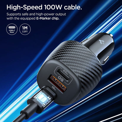 Biloplader med USB-C kabel Spigen EV1133, 113W, 3.25A, 1 x USB-A - 2 x USB-C, Sort