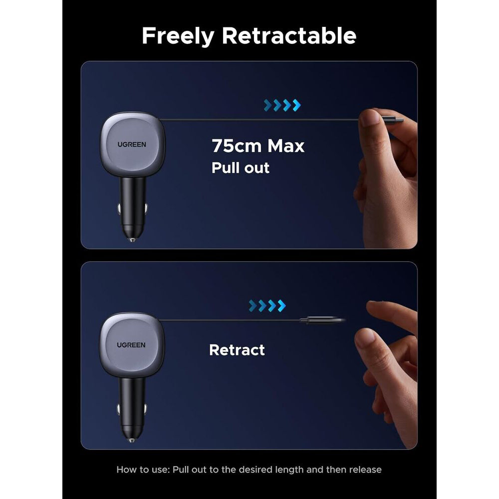 Biloplader med USB-C kabel UGREEN EC601, 75W, 3A, 1 x USB-A - 1 x USB-C, Grå