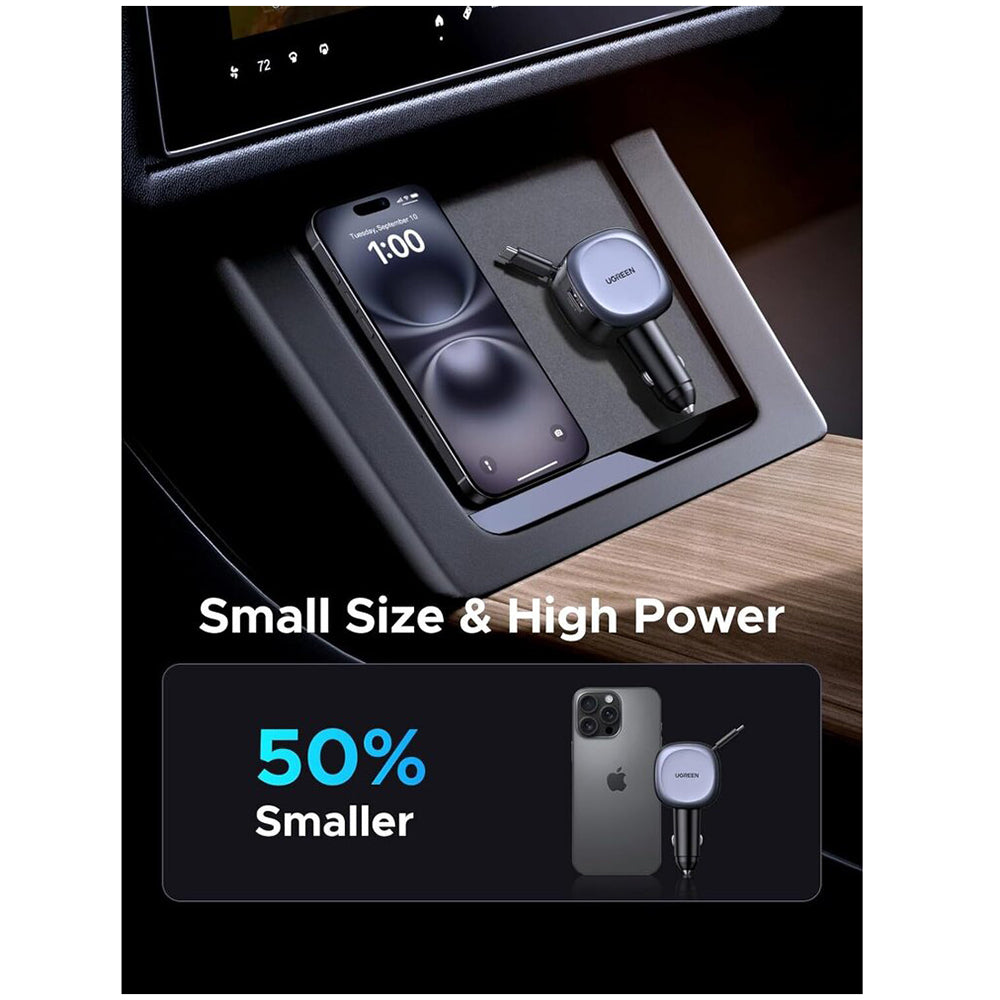 Biloplader med USB-C kabel UGREEN EC601, 75W, 3A, 1 x USB-A - 1 x USB-C, Grå