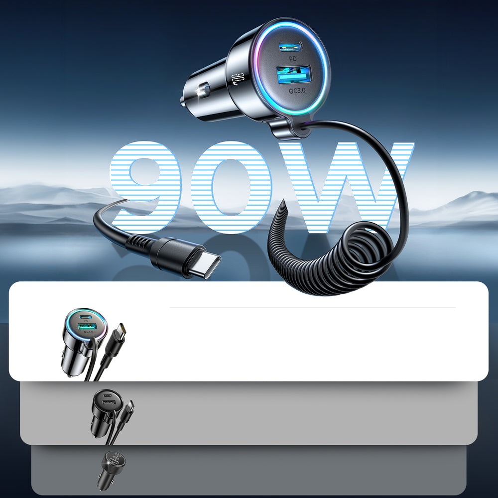 Biloplader med USB-C kabel Joyroom JR-CL07, 90W, 3A, 1 x USB-A - 1 x USB-C, Sort