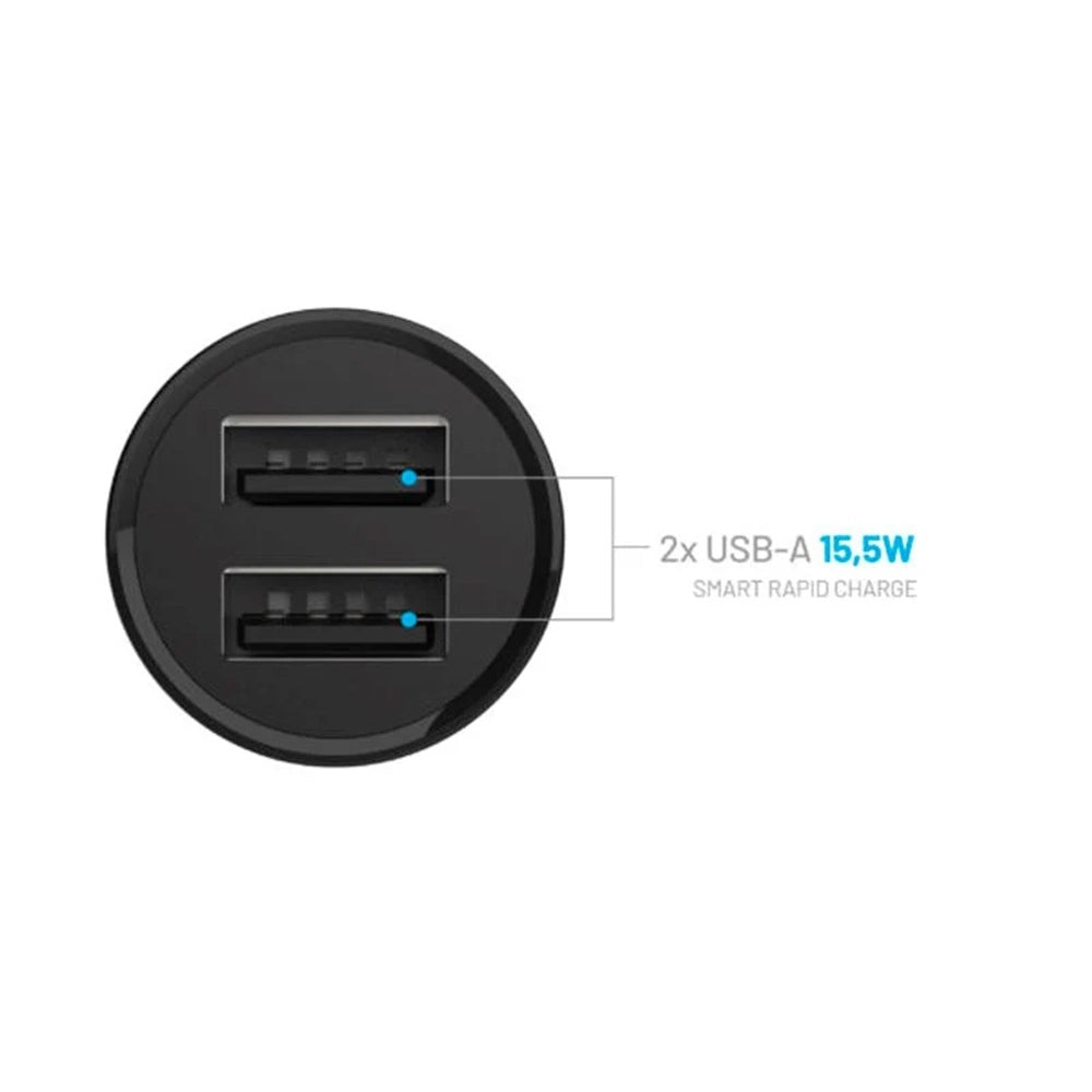 Biloplader Fixed, 15.5W, 3A, 2 x USB-A, Sort