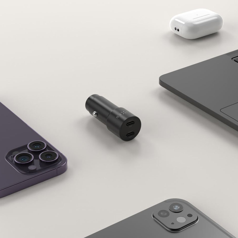Biloplader Fixed, 65W, 3A, 2 x USB-C, Sort