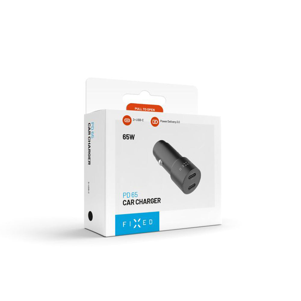 Biloplader Fixed, 65W, 3A, 2 x USB-C, Sort