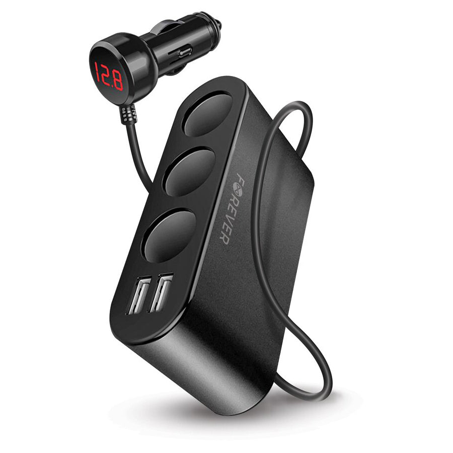 Forever MultiPort billader, 12W, 2,4A, 2 x USB-A - 3 x cigarettænderforlænger, sort 