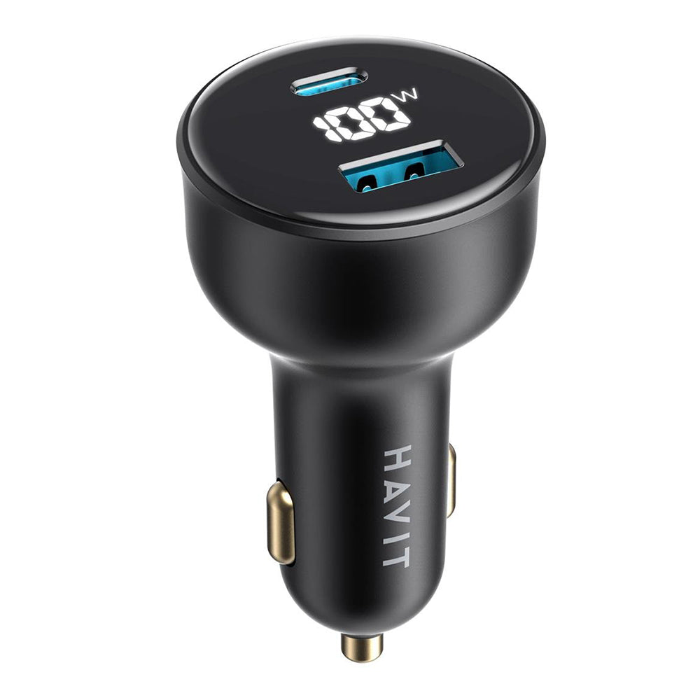 Biloplader HAVIT CC100W Display, 100W, 5A, 1 x USB-A - 1 x USB-C, Sort