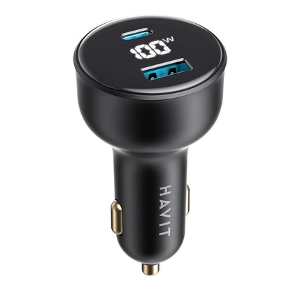 Biloplader HAVIT CC100W Display, 100W, 5A, 1 x USB-A - 1 x USB-C, Sort