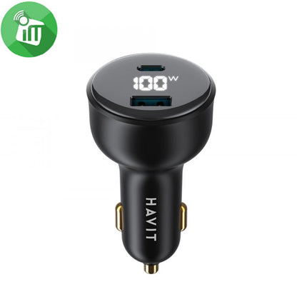 Biloplader HAVIT CC100W Display, 100W, 5A, 1 x USB-A - 1 x USB-C, Sort
