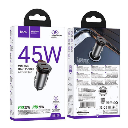 Biloplader HOCO NZ16B, 45W, 3A, 2 x USB-C, Grå