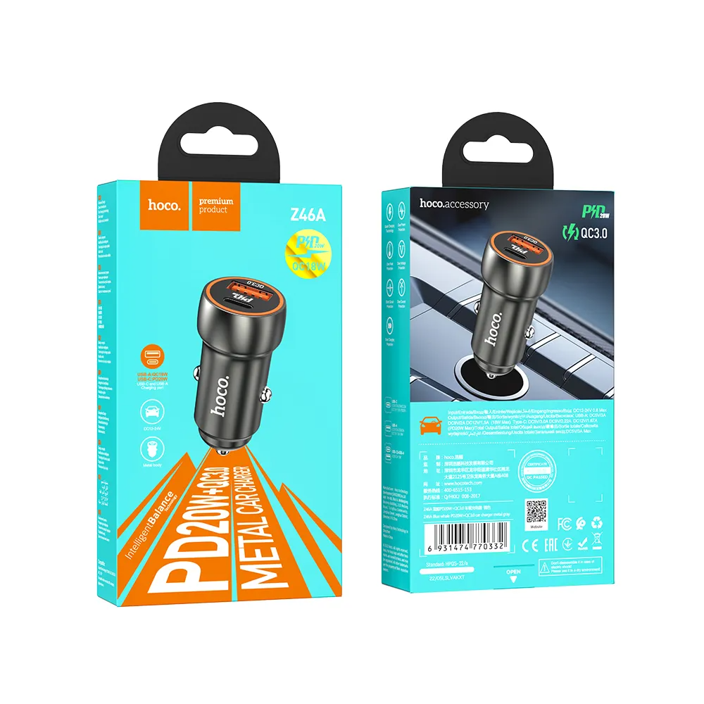Biloplader HOCO Z46A, 20W, 3A, 1 x USB-A - 1 x USB-C, grå 