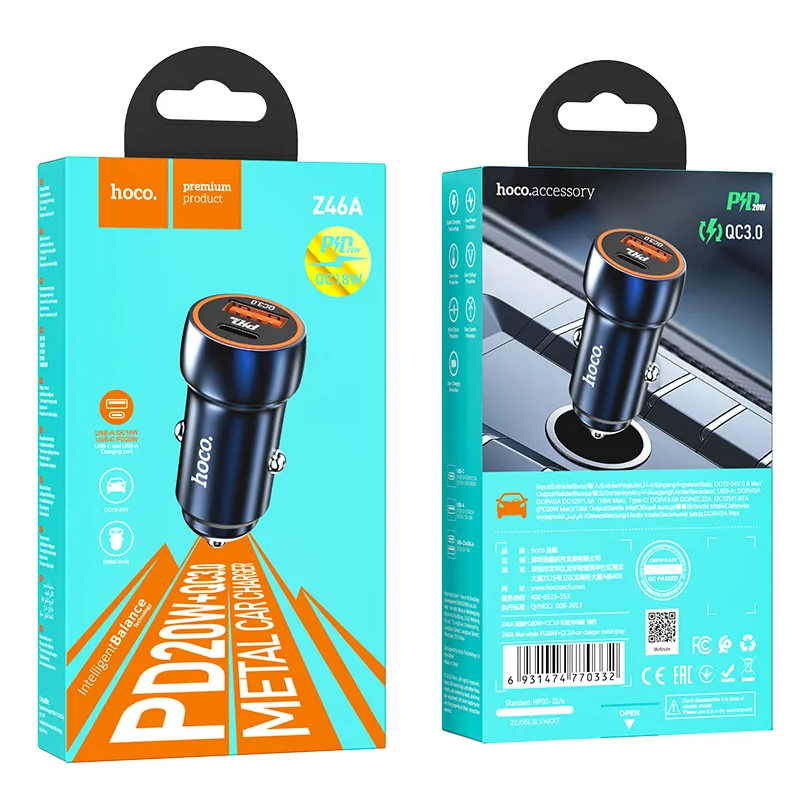 Biloplader HOCO Z46A, 20W, 3A, 1 x USB-A - 1 x USB-C, Blå