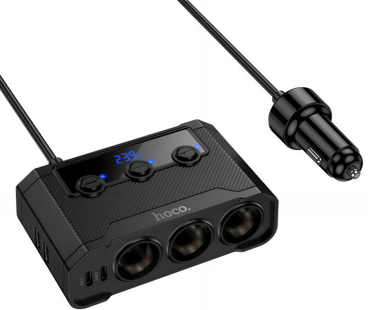 Biloplader HOCO Z64, 15.5W, 3.1A, 2 x USB-A - 2 x USB-C - 3 x Cigarettænderforlængelse, Sort