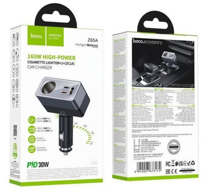 Biloplader HOCO Z65A, 165W, 3A, 1 x Cigaretstikforlænger - 1 x USB-A - 2 x USB-C, Sort